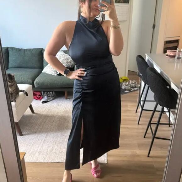 A.L.C. Blue Satin Halter Gown Size 8 Cocktail Asymmetric Ruched Midi Dress $500 - Picture 4 of 14